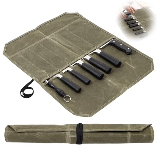 GYMMFK Knife Roll for Chefs, 7 Slots Waxed Canvas Knife Bag Case for Pro Chefs or Culinary Enthusiasts, Large Capacity Easy Carry (Army Green)