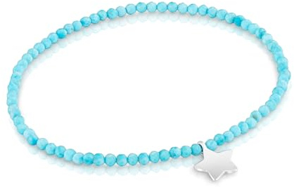 TOUS Pulsera Elástica para Mujer con Bolas Redondas Facetadas de Magnesia Azul y Motivo Estrella de Plata de Primera Ley, 17cm de Largo, Colección Motivos