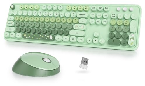 Vumilstek Light Green Keyboard and Mouse Set Wireless, American QWERTY Retro Typewriter 2.4GHz Full Size Round Keys with Number Pad for Students Home Office PC Laptop(Light Green)
