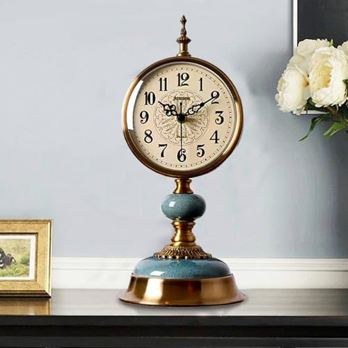 IDAMAKON Horloge de table vintage en laiton - Horloge de bureau en métal antique - Fonctionne avec piles - Horloge silencieuse - Horloge de table en laiton pour salon, étagère, cheminée, bureau