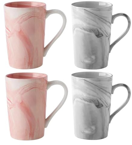 Lydlrum Ceramics Mugs, 350ml 4 Pcs Marble Ceramic Cup for Home and Office, Microwave Dishwasher Safe, 2Grey & 2Pink