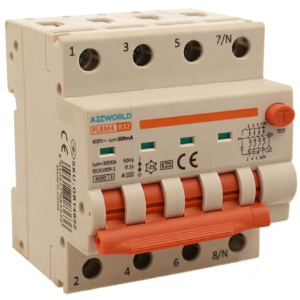 Interrupteur différentiel magnétothermique triphasé 300 mA type A 32 A B32, 4P réel (NO 3P+N), courbe B 6 kA 380 V, double levier avec diagnostic visuel, 4 modules DIN, série PL8M4