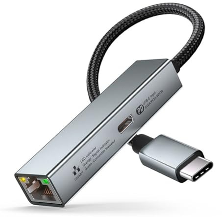Asyduey Tarjeta de Red USB C 2 en 1 con Puerto de Carga Rápida PD de 60 W, Adaptador Gigabit LAN RJ45 Tipo C A Ethernet de 1000 Mbps para PC
