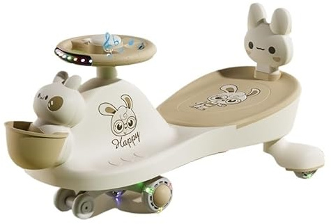 Voiture Porteur Enfant Voiture Musicale à Bascule, lumière balançoire silencieuse Clignotante Rotation des Roues Mouvement de Rotation for diriger Vélo-Trolley(Brown,No Push Handle)