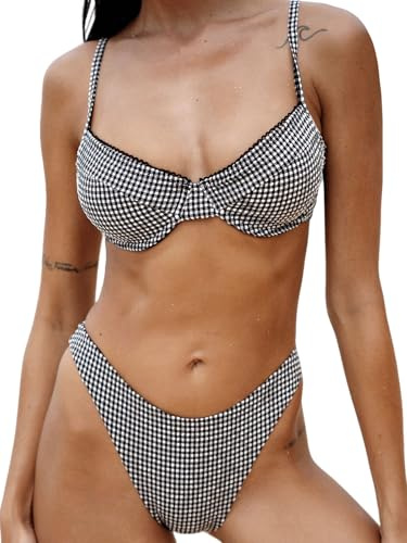 High Waisted Bikini Sets for Women Tummy Control Swimsuit with Soft Underwire Push Up Two Piece Bathing Beach Lace Black White Gingham L