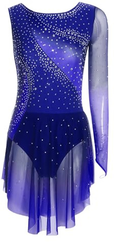 CHICTRY Body da Pattinaggio Artistico per Donna con Paillettes Body Danza Ginnastica con Gonnellino Monospalla Leotards da Balletto Abito da Ballo Latino Jazz Blu S