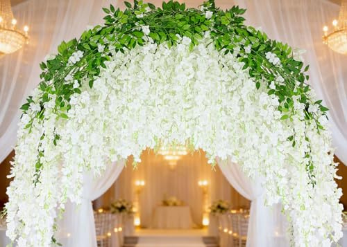 HLAONU 50Pcs Wisteria Hanging Flowers,3.6 Feet/Piece White Hanging Flowers Fake Wisteria Flowers Silk Artificial Garland for Decoration Wedding Party Arch Ceremony Garden Home Backdrop Decor