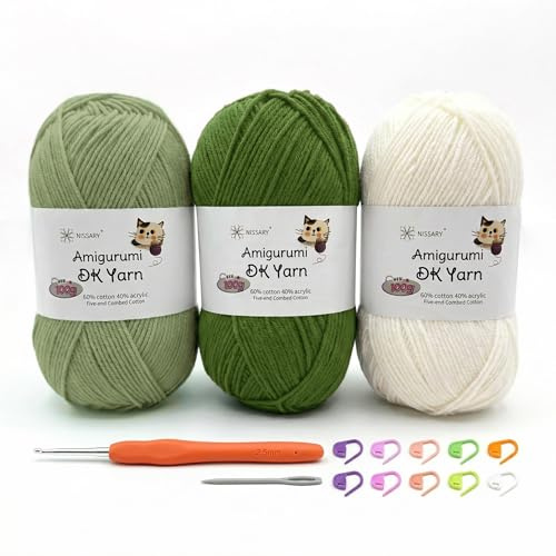 Häkelgarn, 3 x 100 g Baumwoll-DK-Garn (60 % Baumwolle, 40 % Acryl, Strickwolle, Häkelsets mit 2,5 mm Haken und Zubehör, Doppelstrickwolle für Anfänger, ideal für Baby-Bastelarbeiten, große Projekte
