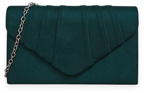 fi9® Pochette da donna in pelle scamosciata tinta unita, plissettata, per matrimoni, feste, balli e serate, Verde scuro