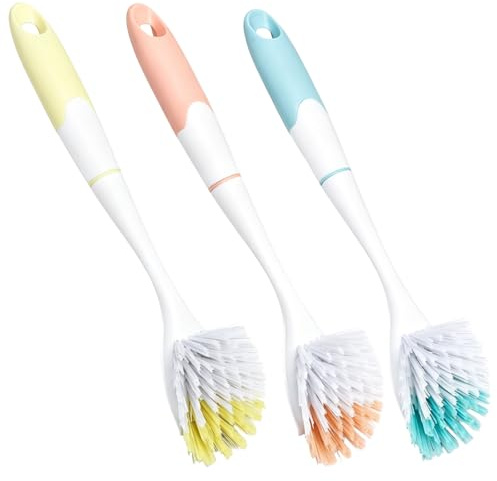 3 Pack Long Handle Washing Up Brushes, Non-Scratch Dish Brushes with Durable Bristles, Kitchen Scrubbers for Pots Pans Sink Deep Cleaning