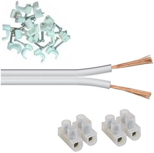 electrosmart Speaker Cable Extension Kit suitable to Extend Speaker Cables – Kit Includes White 2x 13 Strand Wire - White Cable Clips - Joining Block (20m Kit)