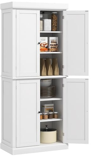 HOMCOM 184cm Freestanding Kitchen Cupboard with 4 Doors, Modern Storage Cabinet Organizer with 6-Tier Shelving and 4 Adjustable Shelves, White