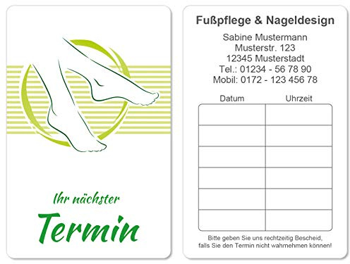 500 Terminkarten bedruckt mit Ihrer Adresse für Pediküre Fusspflege - Kein Stempel notwendig - Inkl. Kartenspender