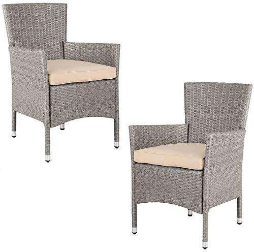 Casaria® 2er Set Poly Rattan Gartenstuhl mit Auflage Stapelbar Wetterfest 160 kg Belastbar Stapelstuhl Garten - Beige Grau