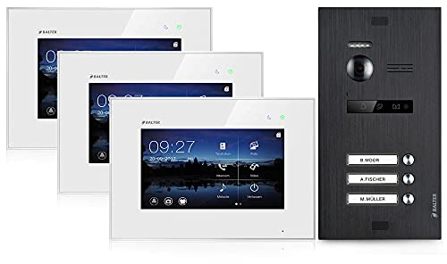 Balter EVO Video Türsprechanlage, Touchscreen, 3X 7 Zoll Monitor, Türstation für Dreifamilienhaus Türklingel mit Kamera 150° Weitwinkel 2-Draht Bus, Weiß/Schwarz
