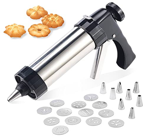 Machine a Churros Appareil a Churros Seringue Patisserie Inox Professionnelle Presse a Biscuit Pistolet Patisserie avec 13 Disques Biscuits et 8 Douilles pour La Fabrication de Biscuits Gâteaux