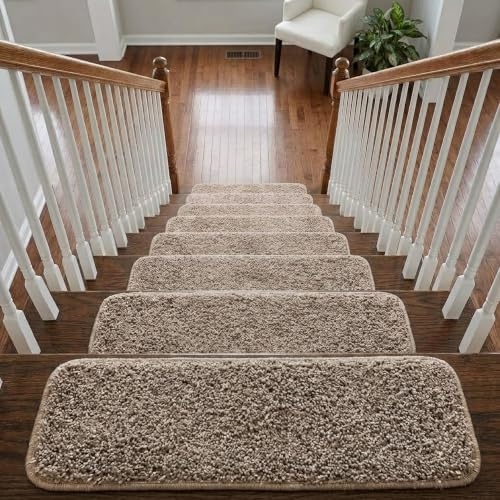 Soft Shaggy Stair Treads Non Slip Machine Washable Carpet Mats 22x67cm 30mm Thick Plush Stair Rugs for Wooden Stairs Indoor Anti Slip Step Mats Safe for Kids Pets and 100% Increased Yarn (Beige, 13)