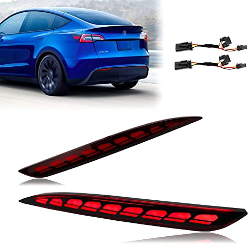 GEEGEETOP Red Lens Rear Fog Bumper Reflector Brake Tail Sequential Flash Singal Lights Lamp 3 in 1 Compatible with Tesla Model Y 2021 2022 Standard Long Range Performance (Model Y, Red)