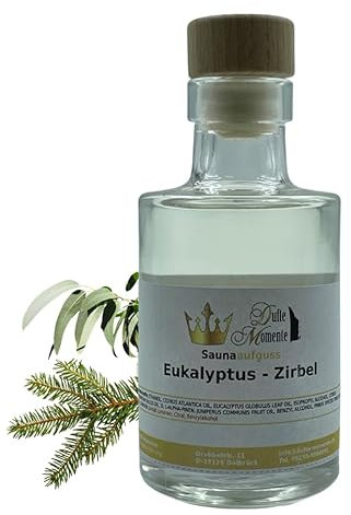 Dufte Momente | Saunaduft Eukalyptus-Zirbel 100ml in Glasflasche mit Korkmündung | mit naturreinen und natürlichen ätherischen Ölen | vegan und ohne Tierversuche
