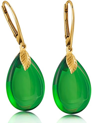 Amber by Mazukna - Grüne Bernstein Kristall Ohrringe, Vergoldete Hängende Anhänger Ohrringe für Damen, Natürlicher Edelsteinschmuck, leichter Halbedelstein