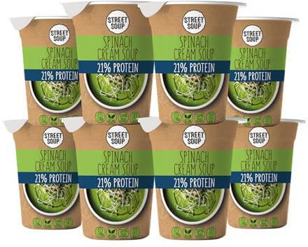 STREET SOUP Protein Instant Suppe To Go (Spinat, 8 Stück, je 300g) - Fertige Low Carb Cremesuppen für Diät, zum Abnehmen & unterwegs - Spinatsuppe - Fertiggerichte & Fertigessen vegan & glutenfrei