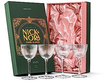 Copas de Cóctel Art Déco Pequeñas Nick y Nora | Juego de 4 | 150 ml | Cristalería Acanalada para Martini, Manhattan, Cosmopolitan, Cócteles Clásicas | Cupés de Cristal Retro