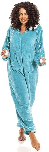 Camille Combinaison à capuche super douce avec fermeture éclair pour femme | Combinaison longue en polaire épaisse pour femme | Manches longues, capuche confortable, poches | Matériau chaud, bleu