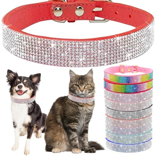 Hundehalsband mit Strasssteinen, glitzernder Glitzer, für kleine Hunde, verstellbar für Mädchen, Damen, XXS, M, L, Größe XS, Rot