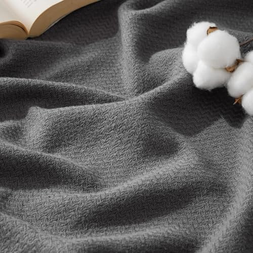 Bedsure GentleSoft 100% Cotton Blanket Queen Size for Bed - Breathable and Lightweight, Soft Cozy Textured Herringbone Woven Blanket for Summer, Dark Grey, 90x90 inches