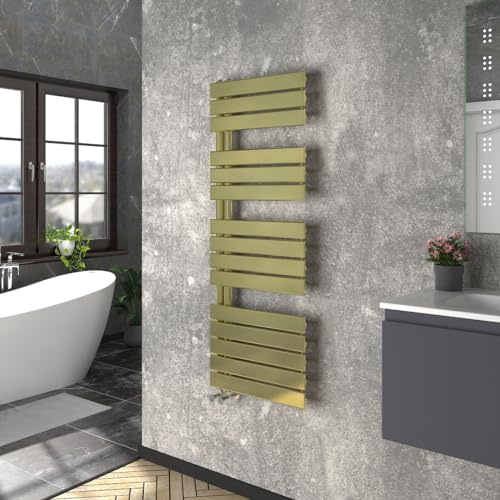 Warmehaus Heated Towel Rail Warmer Flat Panel Brushed Brass 1380x500mm | Central Heating Rads, Bathroom Ladder Radiator, for Bathroom Kitchen Living Room, Wall Mounted, Mild Steel
