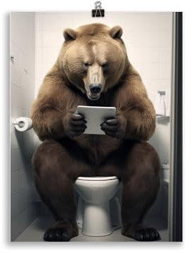 Generisch Braun-Bär mit Handy auf dem Klo Poster – Lustiges Badezimmer Bild & Gäste-WC Deko | Witziges Geschenk für Tierliebhaber | Toiletten Kunstdruck ungerahmt