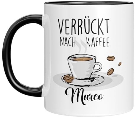 TASSENTICKER - Verrückt nach Kaffee - Tasse personalisiert mit Namen - Kaffeetasse mit Spruch - lustige Geschenkidee - Kaffeeliebhaber - Geburtstagsgeschenk (Schwarz)