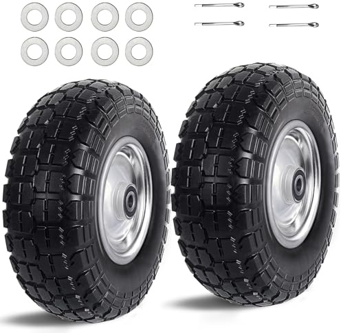 Kavedodu 12'' Flat Free Tires Rubber Replacement Solid Tire and Wheel Assemblies for Hand Trucks Garden Cart Wheelbarrow - 3.5”Wide Polyurethane Tires 2.1 Hub with 5/8 Inch Axle Borehole Silver