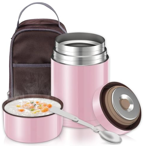Termosbehållare för mat 800 ml, termobehållare i rostfritt stål med sked och bärväska, termisk lunchlåda för soppa, babygröt varmhållningslåda, rosa