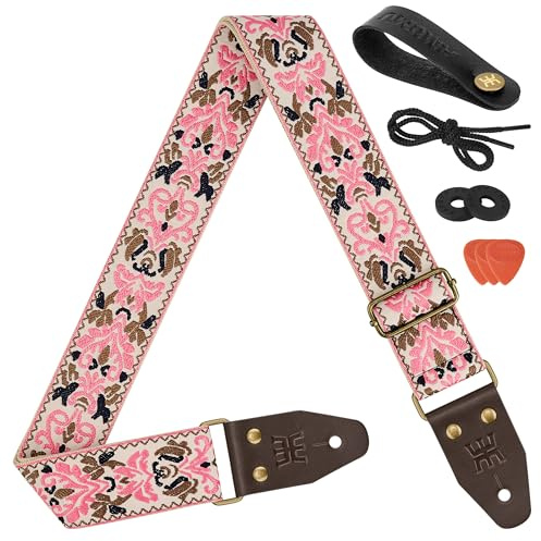 Amumu Gitarrengurt, Blume des Lebens, bestickt, genarbtes Leder, für Bass, Elektro und Akustik, Rosa, Pink, 37.5“- 64“