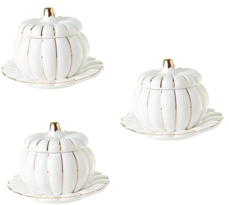PRETYZOOM Ensemble De 3 Bols Et Assiettes À Soupe En Forme De Citrouille Dhalloween Avec Couvercle Bol En Céramique Assiette Tasse Unique Fournitures De Cuisine Blanches