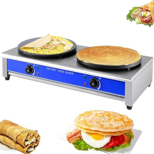 YhsPkh Crêpière électrique (Plaque Chauffante Antiadhésive 2 X 40 Cm + Plateau à Scories Pratique), Crêpière Commerciale, Température Réglable (50-300 ℃)