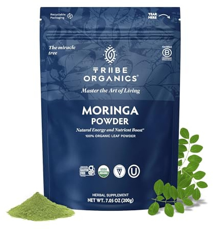 TRIBE ORGANICS Organic Moringa Oleifera Powder for Energy, Joints, Brain Function - High Potency Nutrient Rich Greens Superfood, Natural Leaf Plant Protein, Antioxidant - 200g Pouch