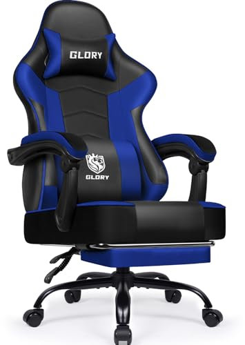 minnouat Gaming Stuhl, Bürostuhl Ergonomisch mit Teleskopische Fußstütze, Gaming Chair mit Kopfstütze und Lendenwirbelstütze, Verstellbarer und drehbarer Gaming Stuhl,150 kg,Blau