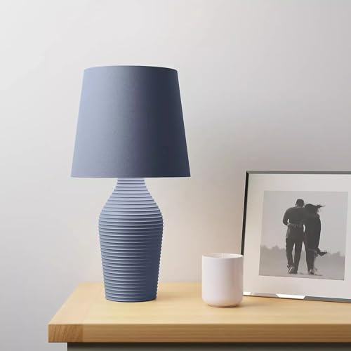 New Luna Stoneware Table Lamp – Contemporary Ribbed Satin Glazed Base with Faux Linen Shade, 37.5cm Tall | E14 SES Cap, Mains Operated M-18 (Folkstone Blue)