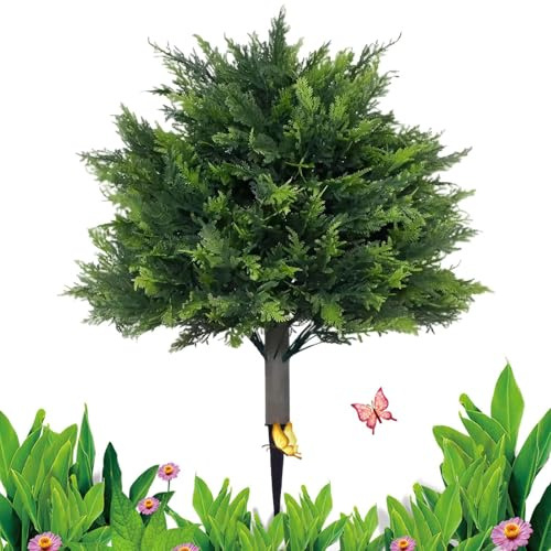 Artificial Cedar Topiary Tree - Tall Faux Cedar Pinees | TRUE UV Resistant 2 Feet with Ground Beak, Realistic Cypress Tree Plant for Indoor Patio Decoration Conifers
