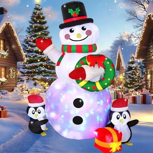 Schneemann Aufblasbar 195cm Groß Aufblasbare Weihnachtsdeko Außen mit Pinguinen Rotierenden LED Lichtern Hof Aufblasbarer Schneemann mit Kranz Weihnachtsdekoration für Garten Innen Rasen Party