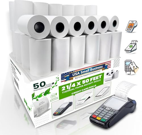 PM Company Thermal Paper Receipt Rolls – BPA-Free Receipt Paper for Credit Card Machines – Fits All Standard Terminals (Size: 2 1/4 x 50 ft) (Pack of 50)