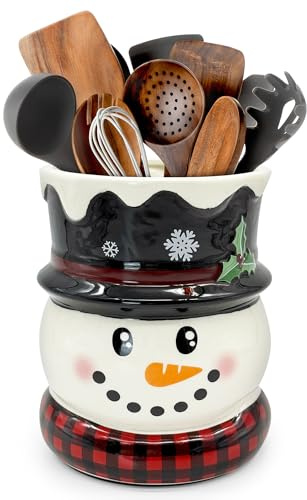 pinata Christmas Kitchen Decor, Snowman Christmas Ceramic Utensils Holder | Cute Utensils Holder, Xmas Ceramic Utensil Crock, Rustic Farmhouse Indoor Kitchen Decorations, 6.3 Inches