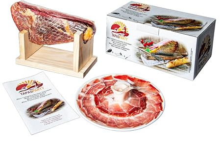 Mini Jambon Jamón Serrano Tapas Party avec Jamonero et Couteau | Set Gourmet de 1 kg | Jamón Curado Espagnol Authentique| Idéal pour Tapas, Apéritifs, Fêtes et Occasions Spéciales