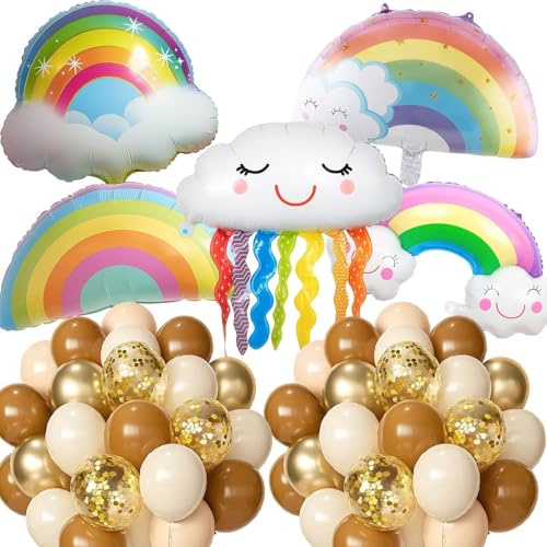 35 Stücke Wolkenförmige Regenbogen Luftballons Set, Folienballon Regenbogen, Aluminium Folie sonne ballon, Lächelnde Quasten Luftballons, Ballons Pastellfarben für Geburtstag Party Deko