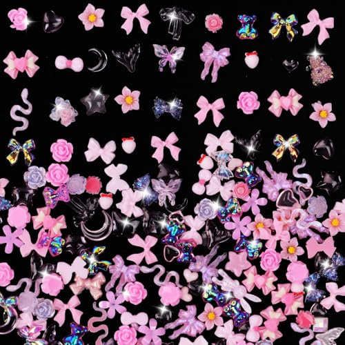 Vicloon Art Nail Charms Pink Mixture Nail, 200Pcs 3D Multi Shapes Nailes Charms Pink Mix Styles, 3D Resin Nails Art Charm Including Bows, Heart, Stars, Rabbit, Heart, Flowers for Nails DIY and Crafts
