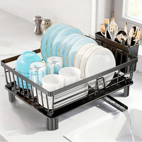 JUPPLIES Escurreplatos Inoxidable 38 × 29 × 15 cm — Drenaje Automático 360°, Soporte Extraíble para Cubiertos y Portavasos — Encimera Seca y Ordenada, Negro