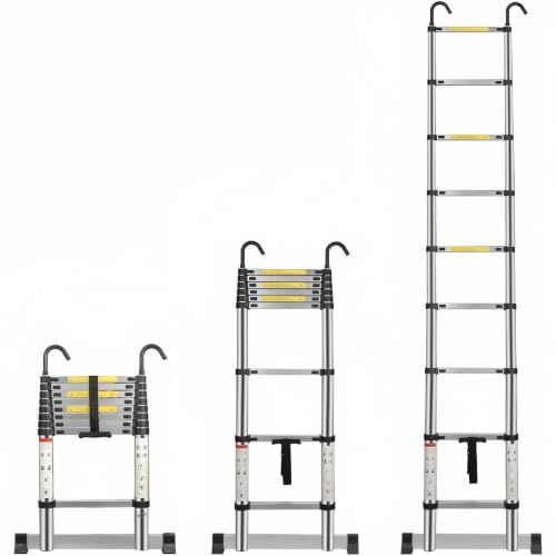 Multibao Telescopic Ladder 2.9M 9.5FT Aluminium Extension Loft Ladder with Stabilizer Bar and Detachable Hooks, Multi Purpose Extendable Portable Folding Ladders, EN131 (2.9M/9.5FT)