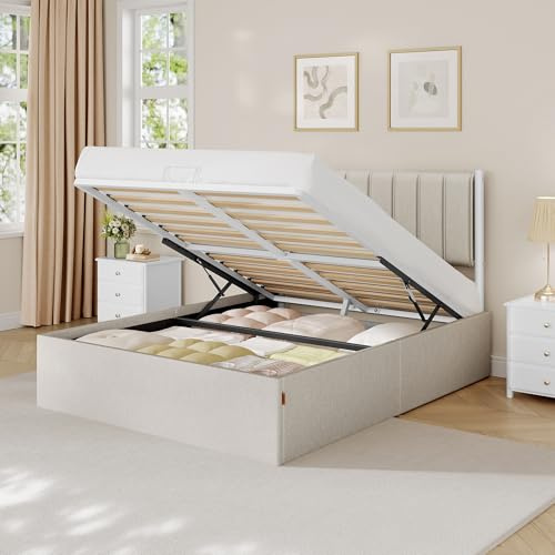VASAGLE Double Bed Frame, 135 x 190 cm, Ottoman Bed with Lift-Up Storage, Hydraulic Lift, Modern Minimalist, Easy Assembly, Cappuccino Beige RMB616LH01